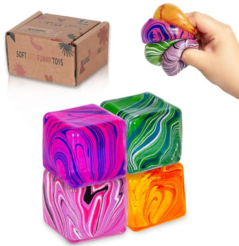 Graphinza Squeeze Toys – Soft Stress Relief Toys 1.4in Cube for Autism Stress Relief, Stress Balls for Adults and Children, Classroom Prizes – Durable Design, Not Easy to Fall Off (4 packs)