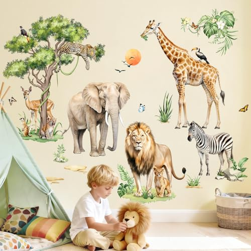 Tanlaby Wandtattoo Safari Tiere XXL Dschungel Elefant Giraffe Löwe | Tropische Blätter für Kinderzimmer Babyzimmer Wohnzimmer Schlafzimmer