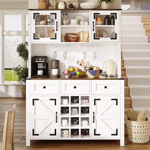 DRIXNO Küchenschrank, Buffetschrank mit USB-Anschlüssen und Steckdosen, Seitenschrank mit 4 Türen und 3 Schubladen,Sideboard mit LED-Lichtleiste, Aufbewahrungsschrank, 120x40x170 cm, Weiß