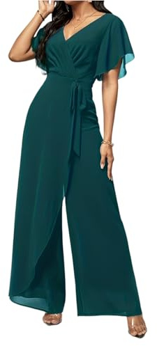 Ansenesna Jumpsuit Damen Elegant Festlich Lang Jumpsuits Für Damen Sommer Weites Bein Overall Für Hochzeit V Ausschnitt Curvy Einteiler Frauen Chiffon Leicht Hosenanzug Schick Tailliert Romper