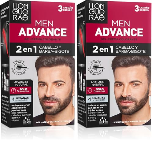 Llongueras – Men Advance, Gel Crema Colorante 2 en 1, para Cabello y Barba-Bigote, con Aceite de Jojoba, Coloración Masculina, Nutre e Hidrata, Acabado Natural en 5 Minutos, Tono 3, Castaño Oscuro