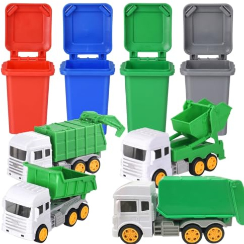 NASSMOSSE 8-pack Garbage Truck Set with 4 Bin Lorry Toy, 4 Sorting Bins & 108 Waste Cards – Educational Eco-play For Home & Preschool