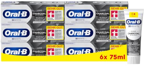 Oral-B 3D White Zahnpasta, Luxe Charcoal, 6X 75ml | Entfernt Bis Zu 100% Der Verfärbungen, Zahnschmelzschonend mit Aktivkohle