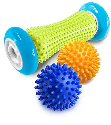 JIAHAO Fußmassageroller mit Noppen, lindert Fußschmerzen, lindert Plantarfasziitis und Fersenschmerzen und entspannt Schulter-, Fuß-, Rücken- und Bein-Hand, inklusive 1 Rolle und 2 Noppenbälle (blau)