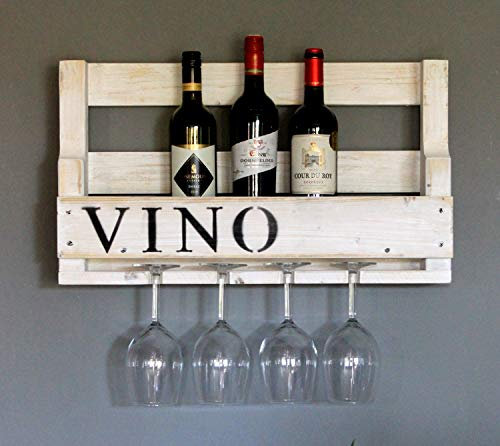 Dekorie Weinregal aus Holz für die Wand - mit Gläserhalter und VINO Schriftzug - Weiß - fertig montiert - Regal für Weinflaschen und Weingläser