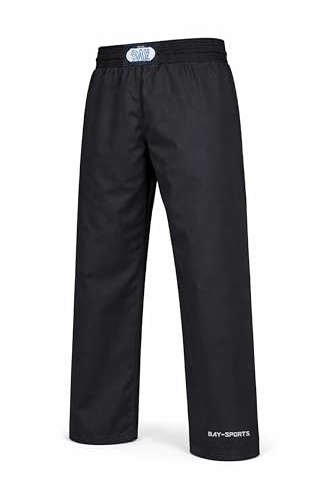 BAY Israelix Kampfsporthose lang Schwarz Kinder und Erwachsene XS - XXL | 100 % Baumwolle, aufwändig gestickte Schrift am Hosenbein, breiter, elastischer Gummizugbund mit Tunnelzug für sicheren Halt