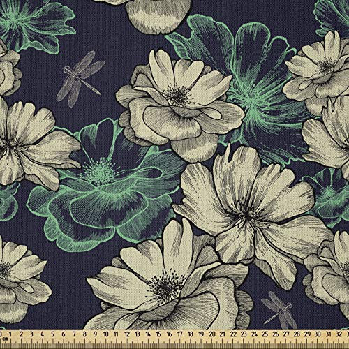 ABAKUHAUS Jahrgang Stoff als Meterware, Blüten Libellen, Microfaser Stoff für Dekoratives Basteln, 1M (230x100cm), Mintgrün Dunkelblau Beige