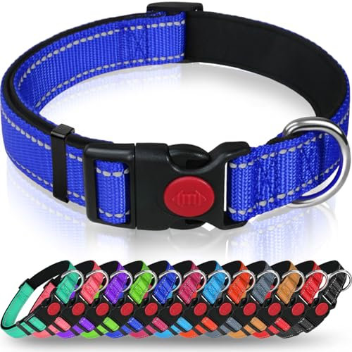 Taglory Hundehalsband, Weich Gepolstertes Neopren Nylon Hunde Halsband für Große Hunde, Verstellbare und Reflektierend für das Training, Dunkelblau