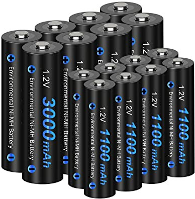CITYORK 16 pezzi AA-AAA Ni-MH Combinazione di batterie ricaricabili (8 batterie AA da 3000 mAh e 8 batterie AAA da 1100 mAh)