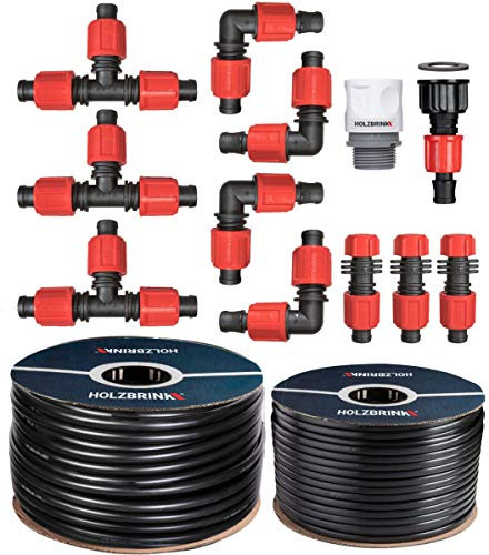HOLZBRINK Sistema di irrigazione a goccia, set di irrigazione tuie e siepi: linea di gocciolamento 30 m ADVANCED 16 mm, 20 m tubo LDPE 16 mm, HTB-13-30A-20