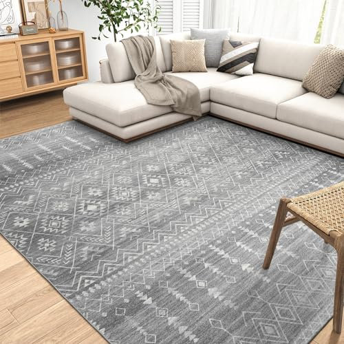 ReaLife Maschinenwaschbar Teppich - Wohnzimmer Schlafzimmer Badezimmer Küche Flur Büro - rutschfest Kurzflor Premium-Fleckenbeständig - Geometrisch Marokkanisch Tribal - Beau - Grau - 150 x 210