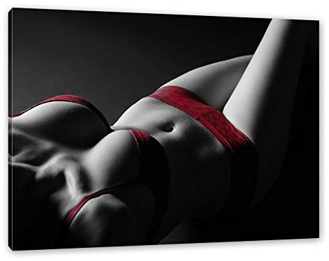 Pixxprint Frauenkörper in sexy roter Unterwäsche B&W Detail, Größe: 100x70cm, Leinwandbild, fertig gespannt, Wandbild, Dekoration, Kunstdruck, kein Poster