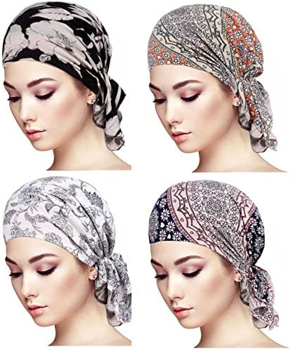 Hcimooy 4 Packungen vorgebundenes Chemo-Kopftuch Beanie Totenkopf-Abdeckkappe für Frauen (F277-1)