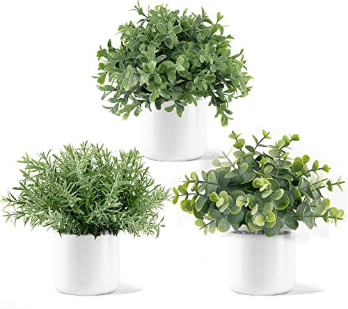 Mkono 3 Pack Fake Potted Plants in Ceramic Pot, Artificial Eucalyptus Plants for Home Decor Indoor Faux Green Greenery for Desk Shelf Coffee Centerpiece Bathroom Office Decor
