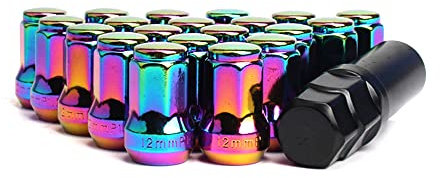 20 Stück M12 x 1,25 Radmuttern mit Innensechskantschlüssel-Werkzeug, geschlossene Endmutter, Ausbuchtung Eichelsitz, Radsicherungsmuttern für Nissan Infiniti Subaru Suzuki (Regenbogen)