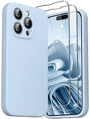 GOODVISH 3 in 1 Cover per iPhone 14 Pro Silicone 6,1 (2022), con 2 Pezzi di Pellicola Protettiva, iPhone 14 Pro Custodia per Cellulare Antiurto Resistente Protezione Fotocamera, Blu Grigio