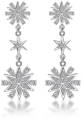 PHNIBIRD Damen Ohrringe Winter Schneeflocke Lange Ohrringe Zirkonia Ohrhänger Damen Weihnachtsschmuck