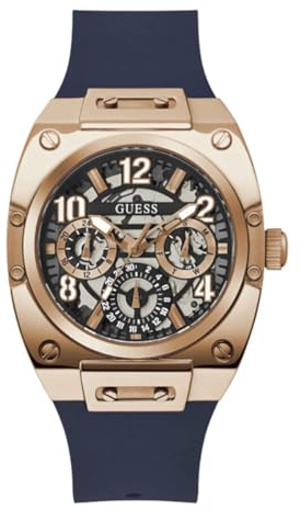 Guess Men's 43mm Watch - Navy Strap Navy Dial Rose Gold Tone Case