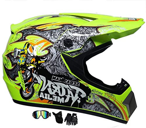 Youth Kids Motocross Offroad Street Dirt Bike Helmet Full Face Motorcycle ATV Helmets with Goggles Gloves, Four Mountain Wheeler BMX MX UTV Racing ( Color : Yellow