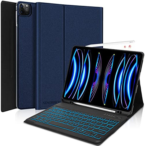 SENGBIRCH Teclado para iPad Pro 12.9,Teclado retroiluminado con Soporte de Carga para lápiz,Cubierta de Teclado para iPad Pro 12.9 de 6ª/5ª/4ª/3ª generación,Teclado inalámbrico Desmontable,Azul-1