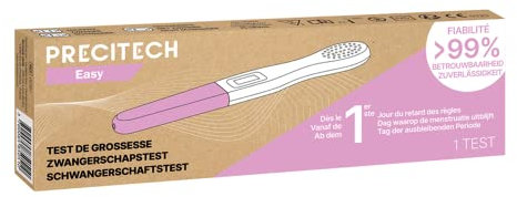 Test de grossesse Easy Precitech ● Fiable à 99% ● Dès le premier jour du retard de règles ● Sensibilité 25 mUI/mL hCG ● Rapide & Précis