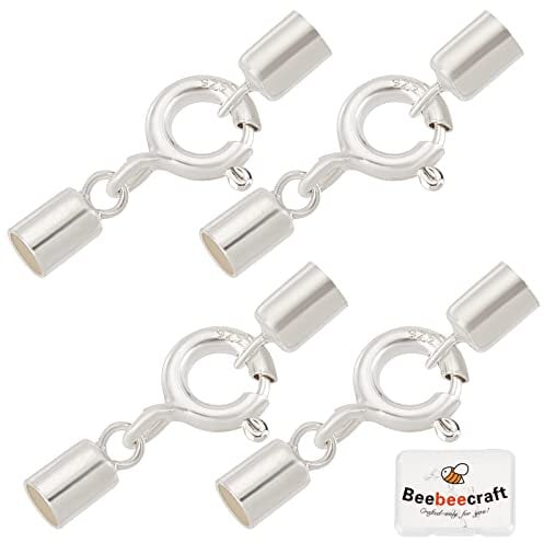 Beebeecraft 1 Box 4 Sets Cord End Caps 925 Sterling Silver Glue-in Fasteners with Spring Lobster Clasp for 2mm Leather Cord Beading Wire Thread for Small Items Jewelry Making