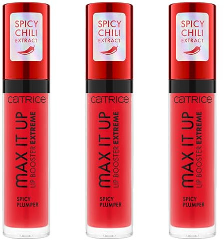 Catrice Max It Up Lip Booster Extreme, Nr. 010, Rot, pflegend, Extremes Volumen, kühlend, glänzend, transluzent, vegan, ohne Parabene, ohne Mikroplastikpartikel, Nanopartikel frei, 3er Pack (3x4ml)