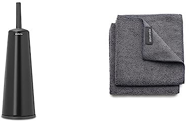 Brabantia Porte-goupillon avec Brosse, Classic - Matt Black, 108587 & Microfiber Torchon (Lot de 2), Gris Foncé, 30 x 30 x 0,5 cm