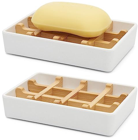 Bambus-Seifenschalen für Dusche, Holz-Seifenhalter, für Badezimmer, Seifenschale, leicht zu reinigen, langlebig und mit rutschfesten Pads (einzeln, weiß, quadratisch)