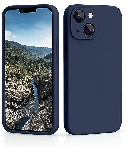 CALOOP Slim-Fit for iPhone 13,Sturdy Shockproof Hard Frame Cover with Anti-Scratch Microfiber Lining,Skin Soft Liquid Silicone,Full Protection for Screen and Camera Lens(Navy Blue)