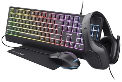 Trust Gaming GXT 792 Quadrox 4-in-1 Gaming Keyboard and Mouse Set, QWERTY UK, Lightweight Headset with Microphone, Mouse Mat, Gaming PC Bundle, RGB Gamer Set for Computer, Laptop, Desktop - Black