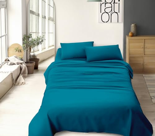 Il Gruppone Passione Casa Completo Letto No Stiro Prodotto Italiano Set Lenzuola Tinta Unita Effetto Raso Lenzuolo sotto Fino 30 Cm con Angoli Elasticizzati sopra Federe - Petrolio - Singolo