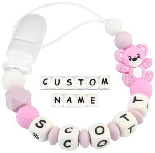 Kowlone Schnullerkette mit Namen Jungen mädchen Silikon Beißring Personalisiert Teddy Bär Schnuller Clips Halter(Lila)