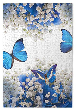 Blaue Schmetterlinge, weiße Blumen, buntes Holzpuzzle – herausforderndes Bilder-Puzzle-Spiel für Erwachsene und Puzzle-Enthusiasten – 1000-teiliges interaktives Puzzle