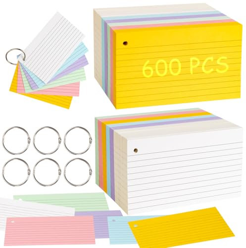 600 Stück Karteikarten A6,Bunte Papier Karten Memory Karten Blanko Visitenkarten Papier Blanko Lernkarten Spielkarte Wortkarte Vokabelkarte karteikarten klein Flashcards mit 6 Binderingen für Büro Hau