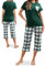 Reliwel Pyjama Femme Coton été Ensemble Femme à Manche Courte et Carreaux 3/4 Pantalon Vêtements de Nuit Col Rond 2 Pièces Doux Confortable