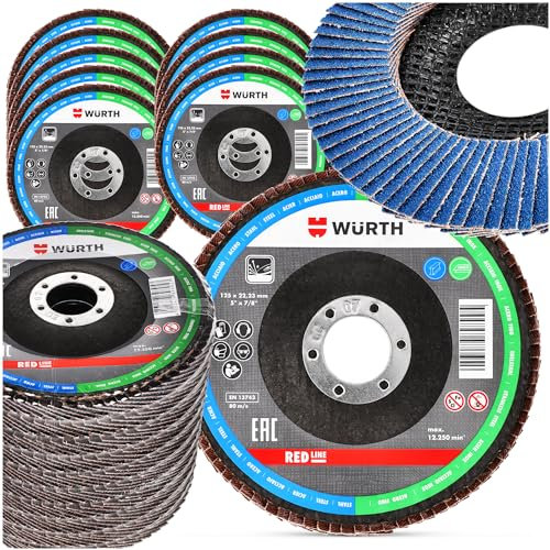 WüRTH® SCHLEIFSCHEIBEN FÄCHERSCHEIBEN 125MM G120 10 STÜCK FÜR METALL & HOLZ PRÄZISES BLAU Lamellenscheiben für Winkelschleifer Poliermaschine Zubehör Profi Zirkon Schleifmop