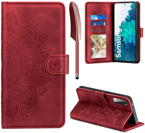 EASDNB Lederhülle für Samsung Galaxy S20 FE Hülle, Handyhülle für Galaxy S20 FE Flip Wallet PU Leder Case [Kartenfach] [Magnet] [Ständer] Prägung Klapphülle Schutzhülle für Samsung S20 FE, Rot