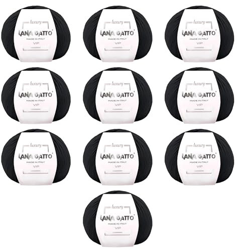 10 Knäuel aus Kaschmir- und extrafeiner Merinowolle zum Stricken, Lana Gatto Vip Line, 500 gr., 2000 mt, (Schwarz - 1500, 10)