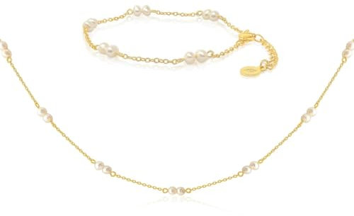 Mary & Jules Schmuckset Perlenkette und Perlenarmband Gold aus 925 Sterling Silber und Süßwasserperlen, vergoldet, aus recyceltem Silber, Set mit Kette Gold und Armband Gold