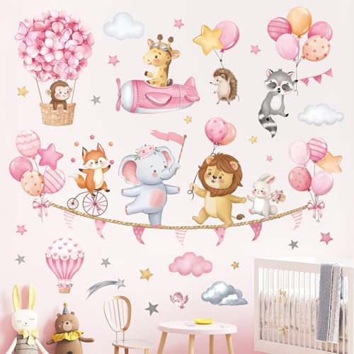 decalmile Stickers Muraux Animaux avec Ballons Rose Autocollant Mural Lion | Stickers Décoratifs Muraux Peel and Stick, Décoration Murale Amovible et Sûre pour Murs, Sticker Mural Couleurs Vives