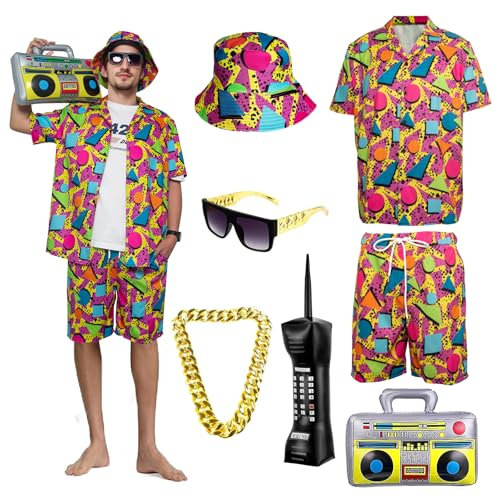 OPAEHJF 80er 90er Jahre Kostüm Trainingsanzug für Herren, 80er Jahre Verkleidung mit Fischerhut Sonnenbrille für Motto Disco Party Kostüme (Rot, 2XL)