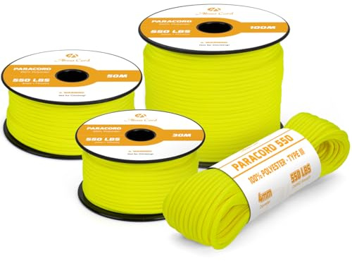 Abma Cord 550 Paracord 4mm 100m Rope 7 Strands Type III Parachute Cord for Crafting, Camping, Survival, Outdoor - Max. 250kg - Neon Yellow