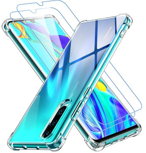 Ruayia für Huawei P30 Hülle mit 2 Stück Schutzfolie, Handyhülle Dünne Transparent Slikon Weiche Huawei P30 Hülle Case Stoßfest Bumper Anti-Rutsch Schutzhülle -Durchsichtig