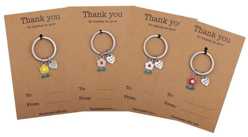 4pcs Porte-Clés pour Enseignant, Cadeau de Remerciement avec Breloque en Cœur Fleur Thank You for Helping Me Grow Cadeau pour Fête Enseignants pour Saint-Valentin Noël (4 Couleurs)