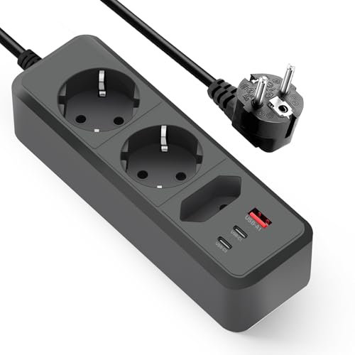 Regletas Enchufes USB 6 en 1,Enchufe Multiple con 3 enchufes Schuko (E/F), USB-A y 2 Type-C Puertos,Alargador Enchufe Cable de Extensión 1,5M para Hogar, Oficina, Escuela - Negro