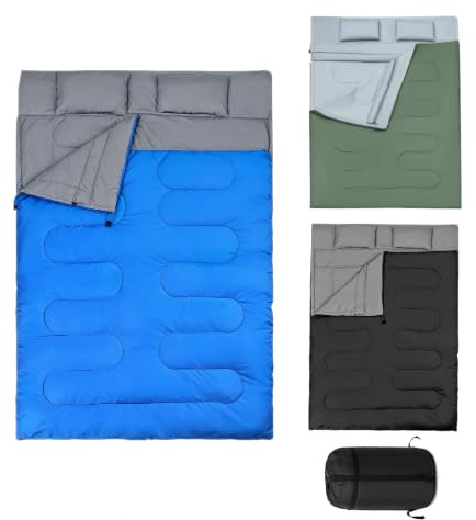 GYMAX Sac de Couchage Adulte pour 2 Personnes avec Oreillers | Imperméable et Léger pour Camping et Randonnée, 3 Saisons, Rectangulaire Spliceable, Fermetures Éclairs, 220 x 150 cm