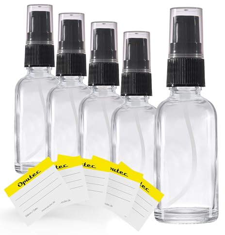 Oputec 5 x 30ml Reise-Pumpspender Pumpflaschen aus Klarglas + 5 Etiketten - Kleine Mini Flaschen Cremespender Lotionspender zum Befüllen