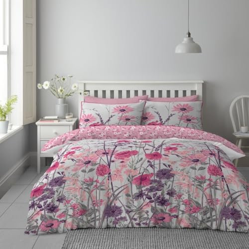 Lions King Size Duvet Cover with Fitted Sheet and Pillowcase - 4 Piece Complete Bedding Sets Reversible Floral Rose Printed Poly Cotton Quilt Covers Bed, Pink/Grey