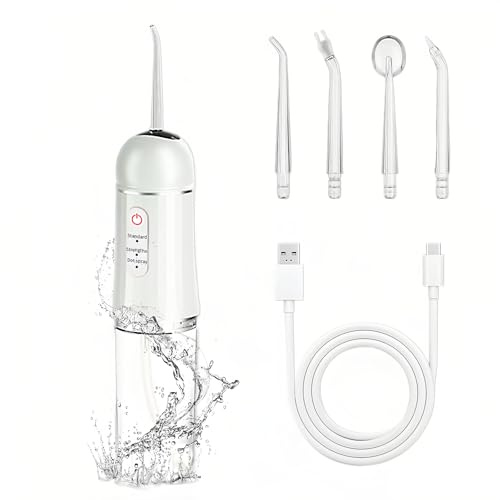 Kabellose Munddusche für Reise und Zahnspange Elektrischer Water Flosser mit 4 Düsen und 3 Druckstufen Portable, Weiß